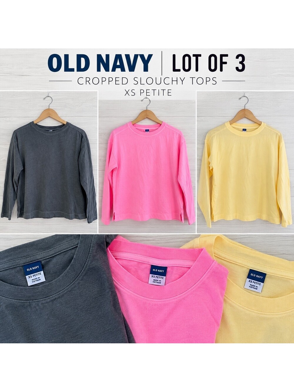 NWT Old Navy Lot 3 Cropped Slouchy Long Sleeve Tops XS Petite Pink Gray Yellow